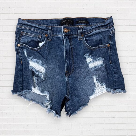 KENDALL & KYLIE The Icon Distressed Frayed Stretch Denim Jean Shorts Size 11/30 - Picture 1 of 6